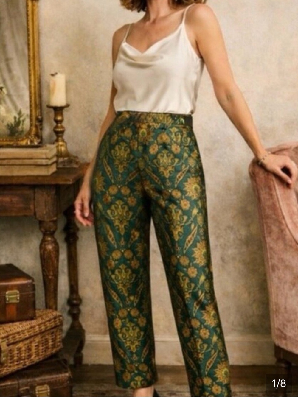Anthropologie Maeve Green & Gold Brocade High-Waist Cropped Pants